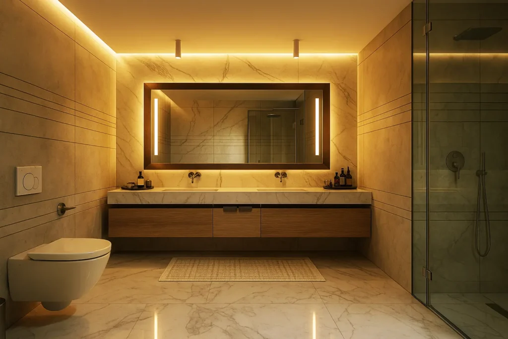 Modern çizgilerle tasarlanmış, LED aydınlatmalı lüks banyo tasarımı