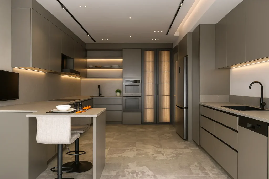Modern gri tonlarda tasarlanmış mutfak; LED aydınlatmalı raflar, entegre fırın ve mikrodalga, mat dolap yüzeyleri ve minimal bar oturma alanı ile şık iç mimari.