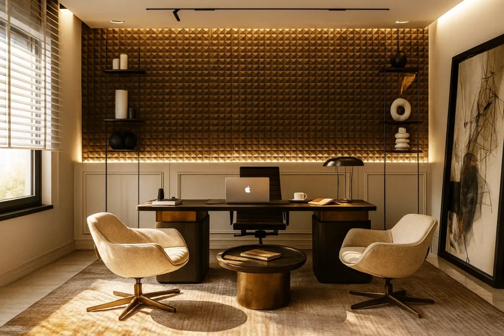 Ankara iç mimarlık firmaları tarafından tasarlanmış modern ofis iç mekanı; akustik duvar panelleri, zarif aydınlatmalar ve şık yönetici masası ile profesyonel bir çalışma alanı.