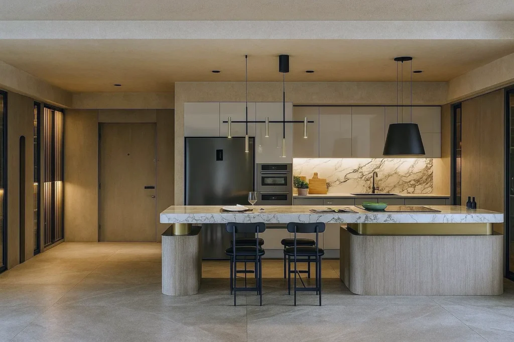 Modern stüdyo daire iç mimarı tasarımı, açık mutfak ve oturma alanı birleşimiyle minimal şıklık sunuyor.