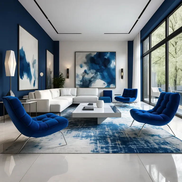 Mavi renk doyurma tekniğiyle tasarlanmış modern ve lüks salon iç mimarisi